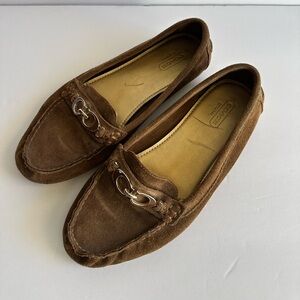 Coach Fortunata Brown Suede Logo Moc Toe Loafers Driving Shoes Size 7.5B